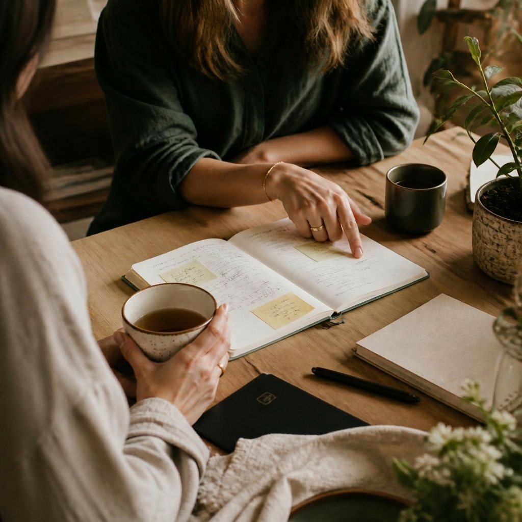 Two people working together at a wooden table.